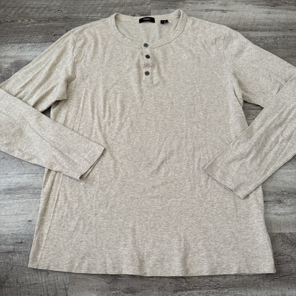 Theory Henley T-Shirt Mens Size Large Beige Heather Long Sleeve Stretch Light